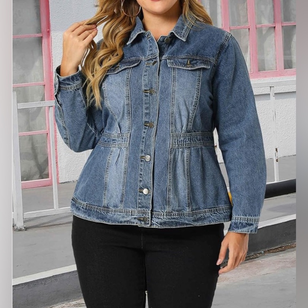 Agnes Orinda Plus Size Fashion Outerwear Long Sleeve Button Denim Jacket, Blue - Picture 2 of 9